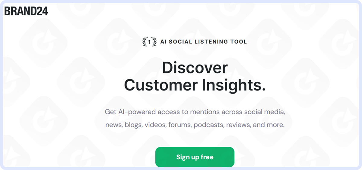 Brand24 homepage highlighting AI social listening across social media and blogs