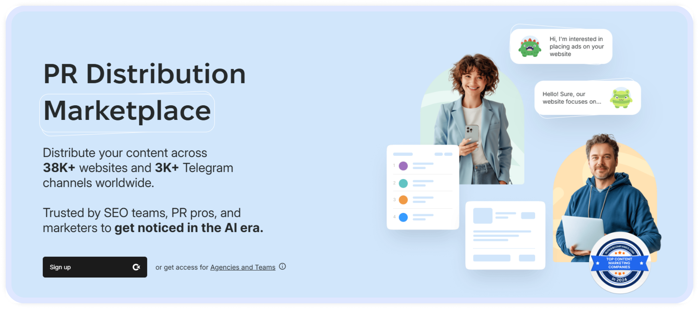 Collaborator homepage promoting global PR distribution across 38,000+ websites and 3,000+ Telegram channels, with a call-to-action to sign up.