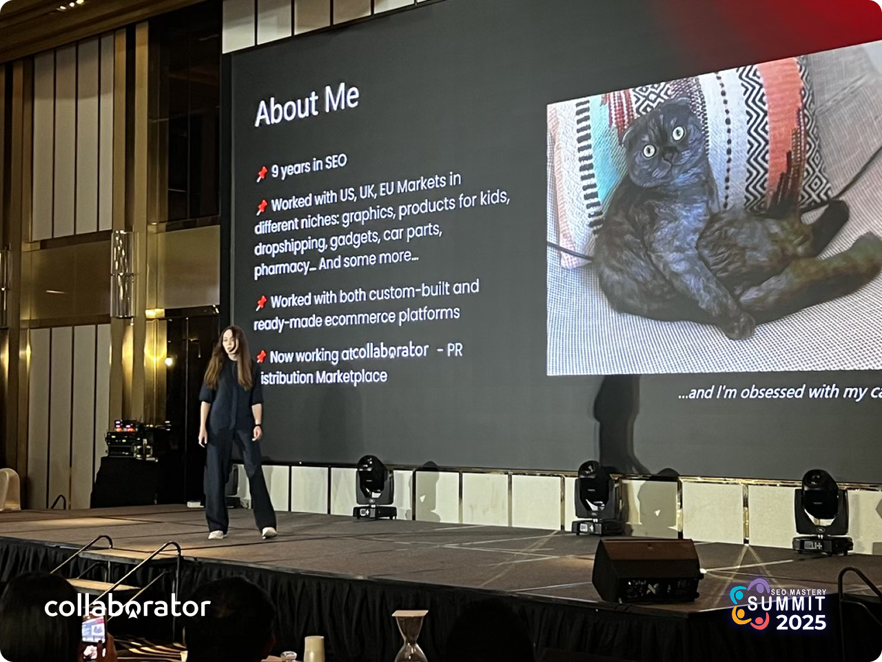 Oleksandra Khilova on stage of SEO Mastery Summit 2025